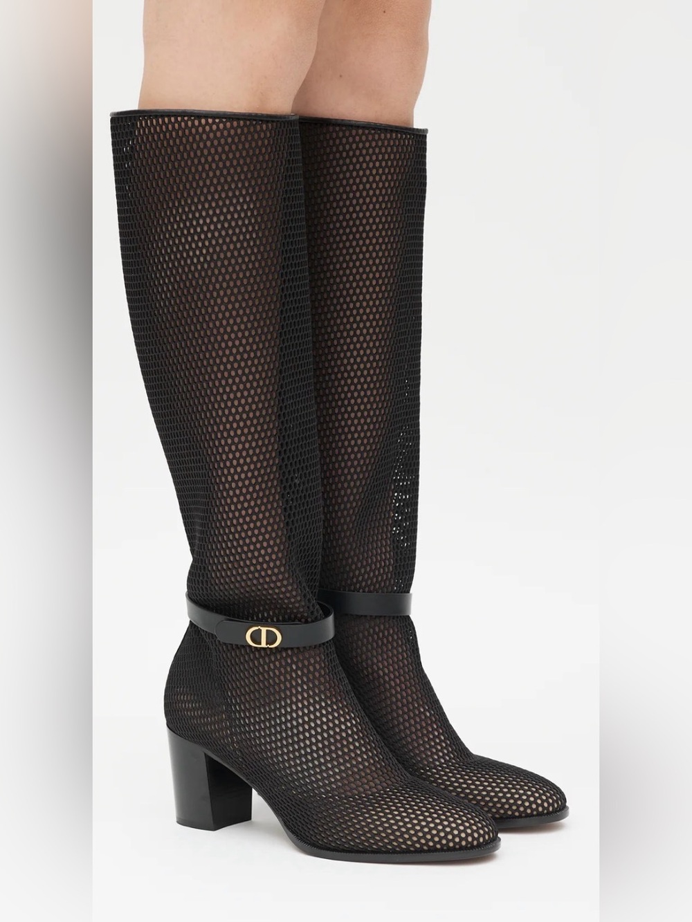 Dior Black Mesh Mid-Calf Heeled Boots with Signature Strap